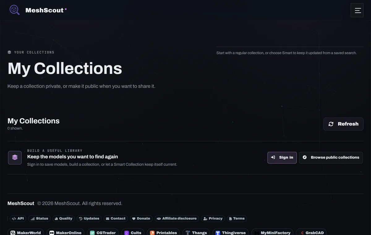 The MeshScout collections page, where hand-picked and smart collections of models are kept.