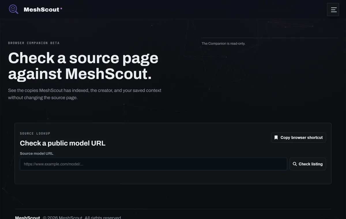 The MeshScout browser companion, which checks any source page URL against what MeshScout has already indexed.