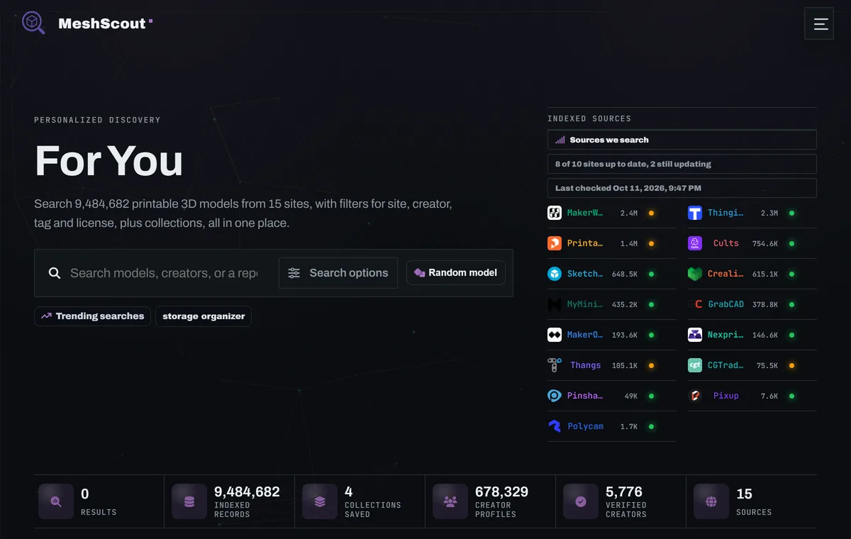 The MeshScout For You page, showing a personalized feed with its sources and catalog totals.