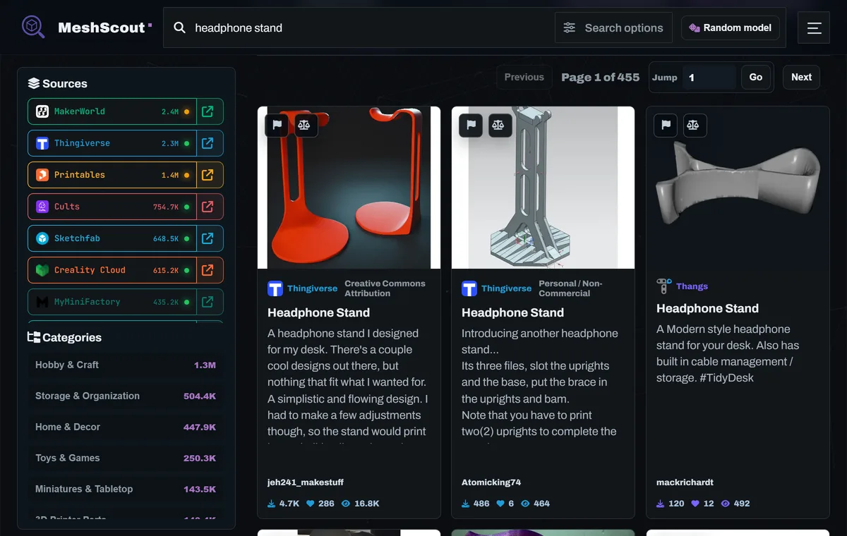 MeshScout search results for headphone stand, each card showing its source, license, creator, and download and like counts.