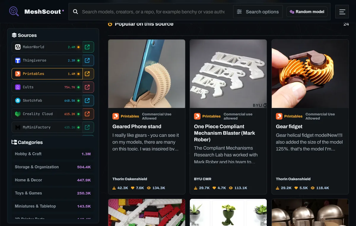 A per-source page on MeshScout listing the popular models from that site with their licenses and engagement counts.