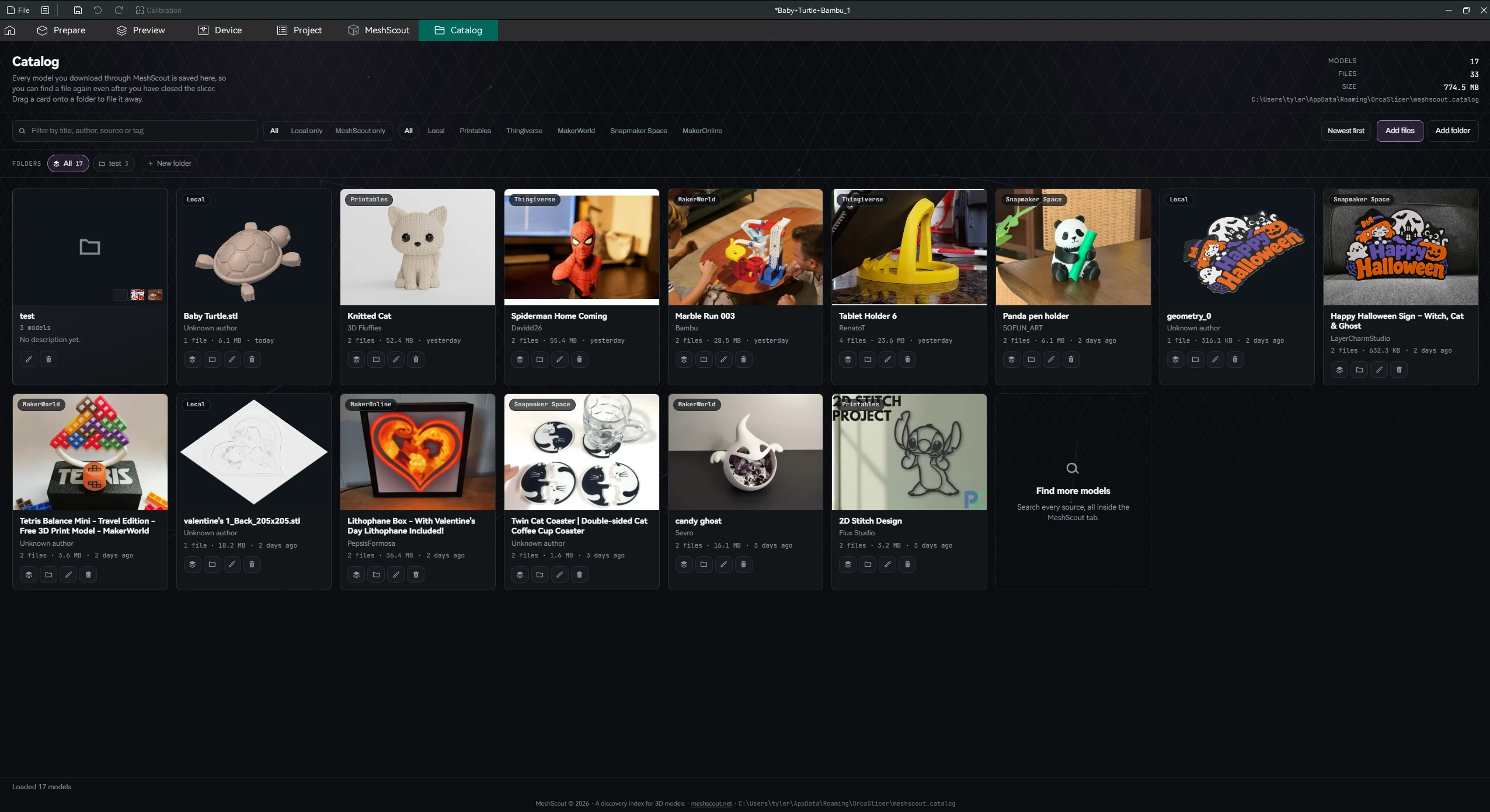 The MeshScout Catalog tab in OrcaSlicer, listing downloaded and local models in folders with filters for source and origin.