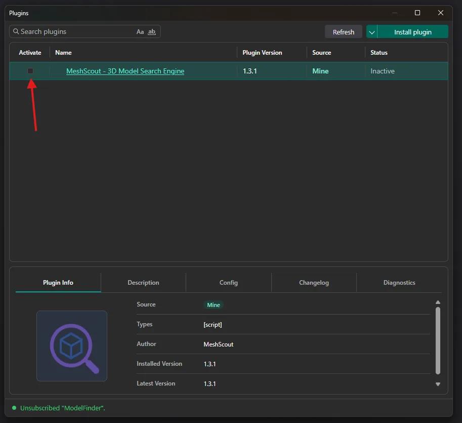 The OrcaSlicer Plugins dialog listing the installed MeshScout plugin with its version and an activate checkbox.