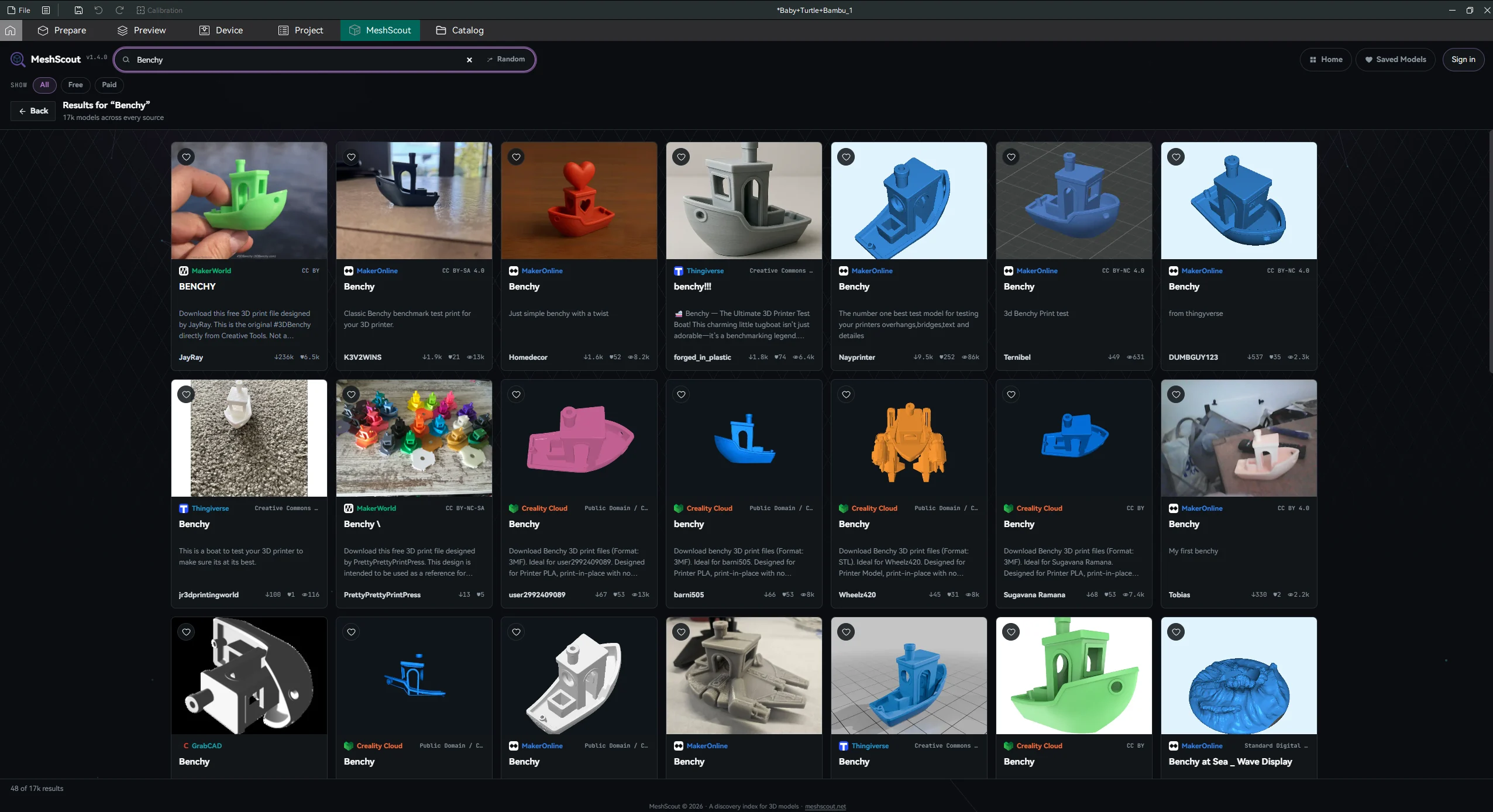 A Benchy search inside the MeshScout OrcaSlicer plugin, showing results from MakerWorld, MakerOnline, Thingiverse, Creality Cloud, and GrabCAD with licenses and download counts.