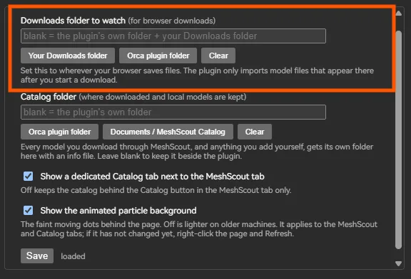 The MeshScout settings inside OrcaSlicer, with one-click choices for the downloads folder to watch and the catalog folder.